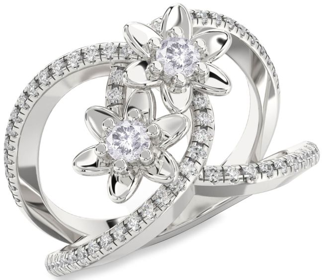Salt & Pepper Diamond Silver Flower Round Two Stone Pave Ring