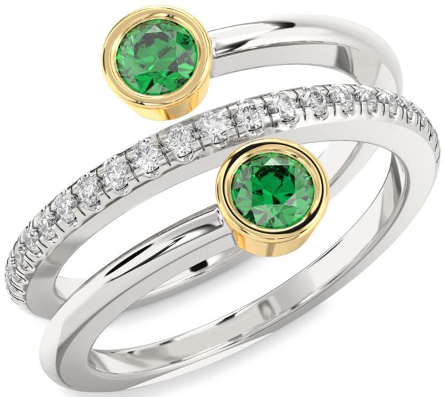 Diamond Emerald Gold Silver Round Two Stone Birthstone Ring