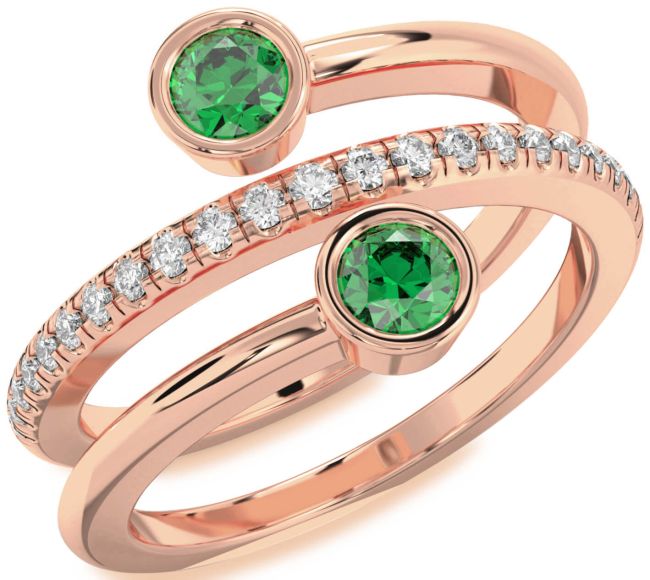 Diamond Emerald Rose Gold Round Two Stone Birthstone Ring