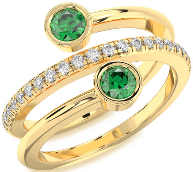 Diamond Emerald Gold Round Two Stone Birthstone Ring