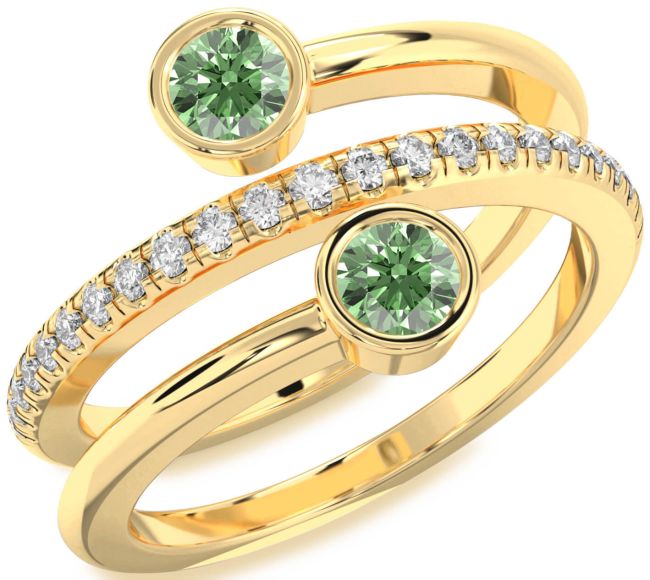 Green Diamond Gold Silver Round Two Stone Ring
