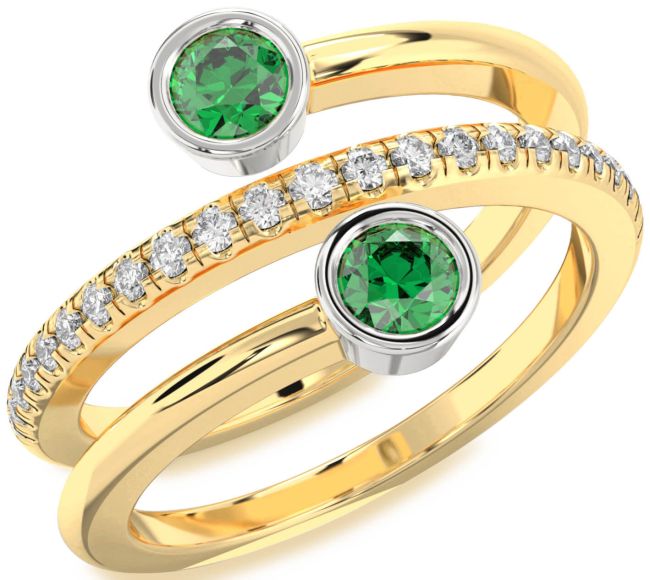 Diamond Emerald Gold Silver Round Two Stone Birthstone Ring