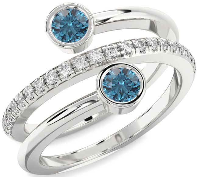 Blue Diamond Silver Round Two Stone Ring