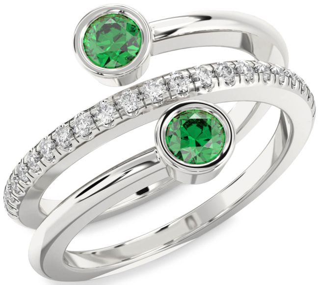 Diamond Emerald Silver Round Two Stone Birthstone Ring