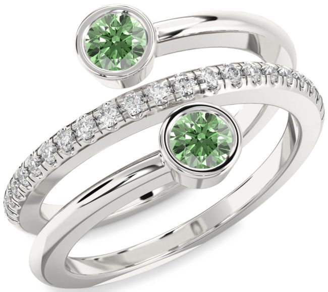 Green Diamond Silver Round Two Stone Ring