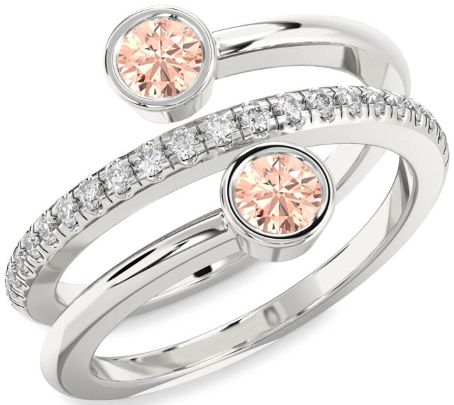 Diamond Morganite Silver Round Two Stone Ring