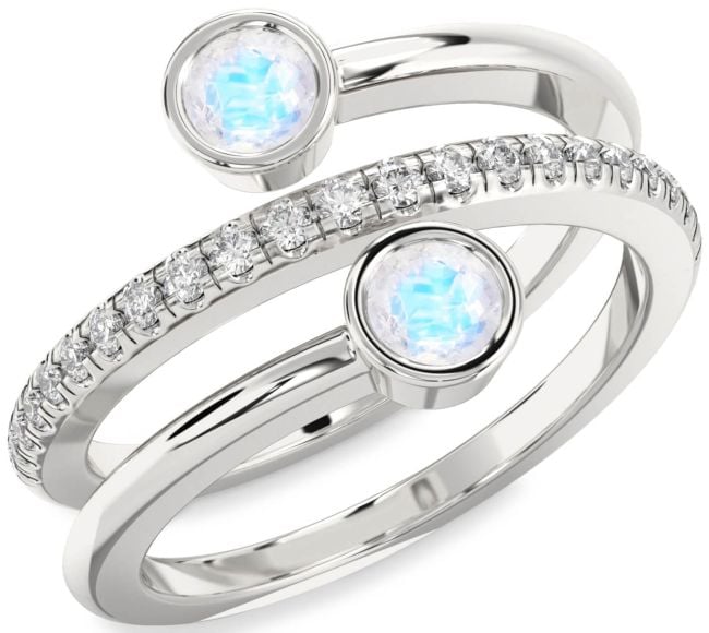 Diamond Moonstone Silver Round Two Stone Ring