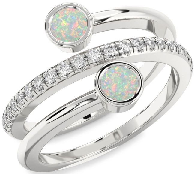 Diamond Opal Silver Round Two Stone Birthstone Ring