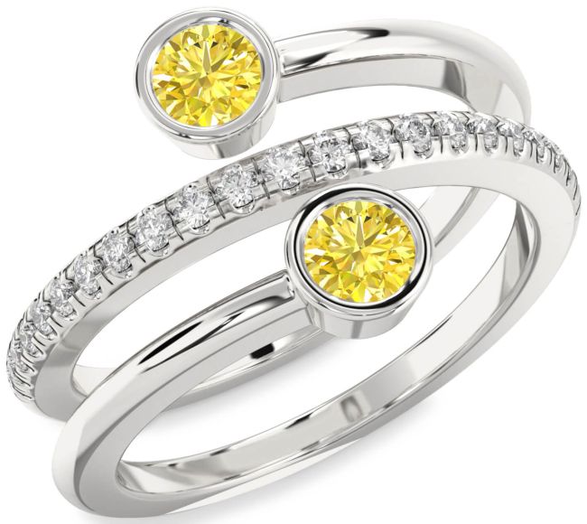 Yellow Diamond Silver Round Two Stone Ring