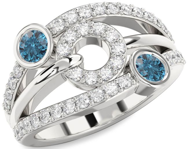 Blue Diamond Silver Evil Eye Round Two Stone Ring