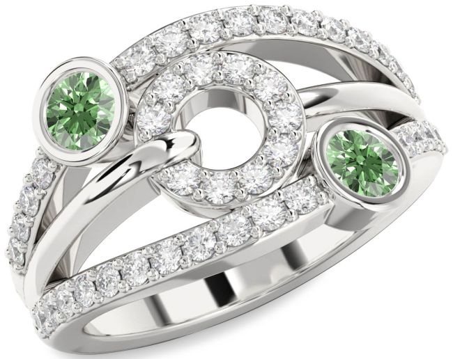 Green Diamond Silver Evil Eye Round Two Stone Ring