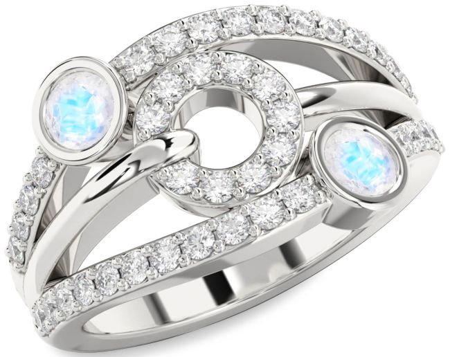 Diamond Moonstone Silver Evil Eye Round Two Stone Ring
