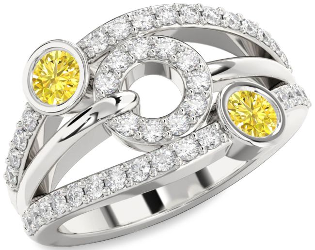 Yellow Diamond Silver Evil Eye Round Two Stone Ring