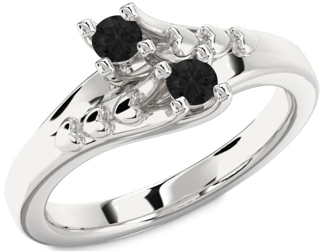 Black Diamond Silver Heart Two Stone Ring