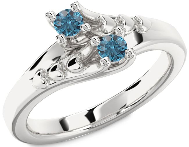 Blue Diamond Silver Heart Two Stone Ring