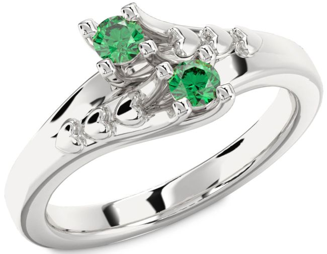 Emerald Silver Heart Two Stone Birthstone Ring
