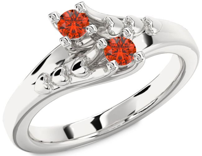 Fire Opal Silver Heart Two Stone Ring