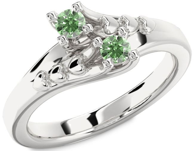 Green Diamond Silver Heart Two Stone Ring