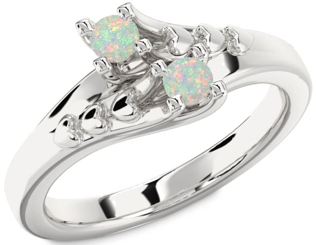 Opal Silver Heart Two Stone Birthstone Ring