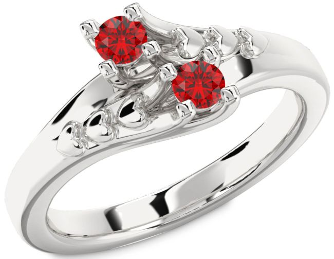 Ruby Silver Heart Two Stone Birthstone Ring