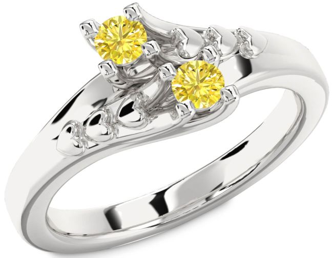 Yellow Diamond Silver Heart Two Stone Ring