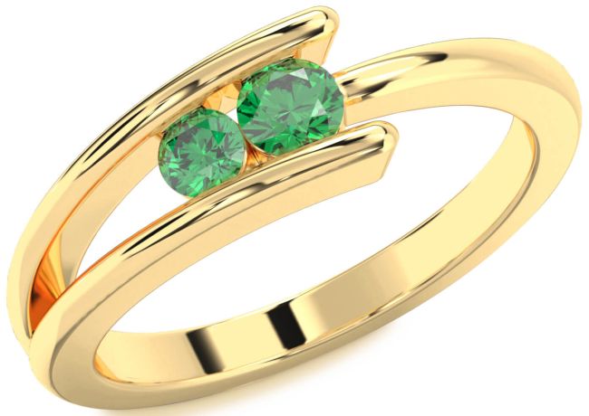Emerald Gold Round Two Stone Birthstone Ring