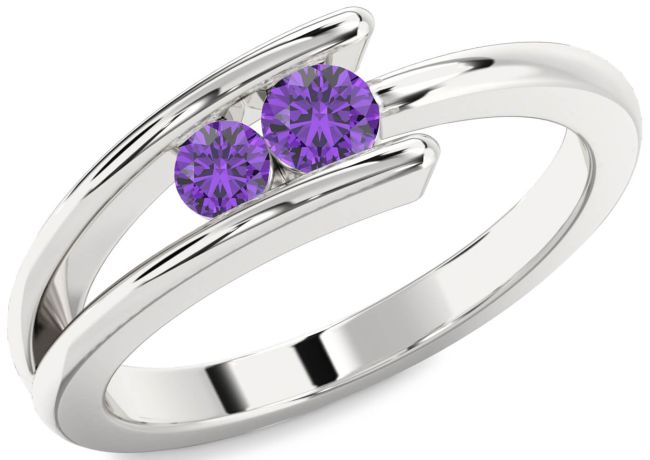 Amethyst Silver Round Two Stone Birthstone Ring
