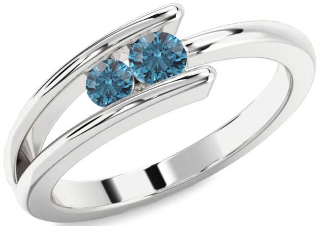 Blue Diamond Silver Round Two Stone Ring