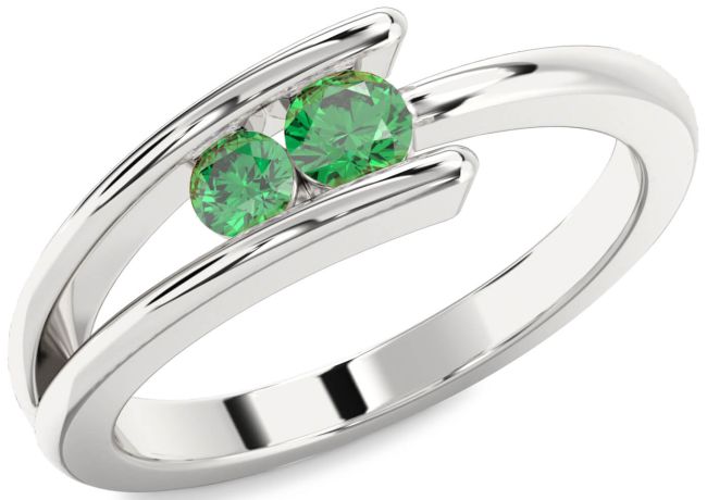 Emerald Silver Round Two Stone Birthstone Ring