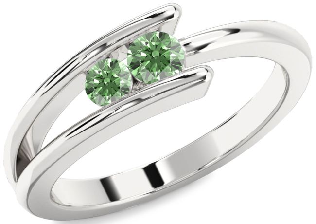 Green Diamond Silver Round Two Stone Ring