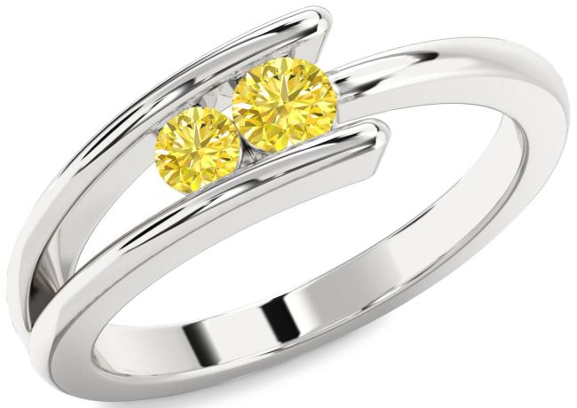 Yellow Diamond Silver Round Two Stone Ring