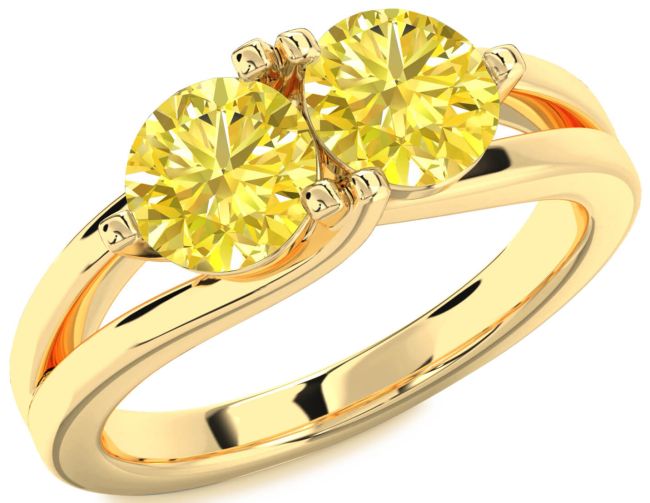 Yellow Diamond Gold Silver Round Two Stone Ring