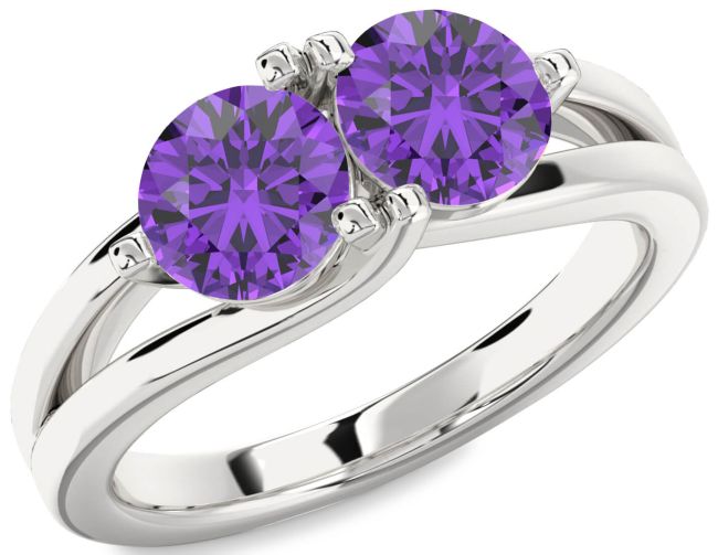 Amethyst Silver Round Two Stone Birthstone Ring