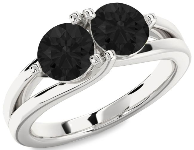 Black Diamond Silver Round Two Stone Ring