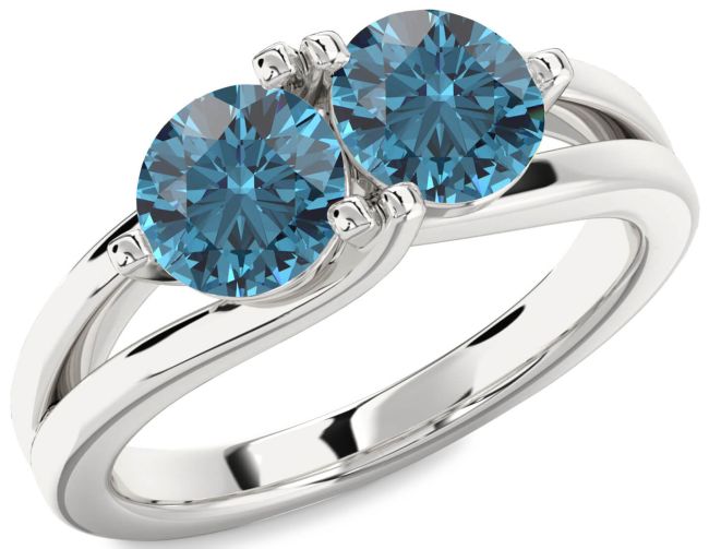 Blue Diamond Silver Round Two Stone Ring