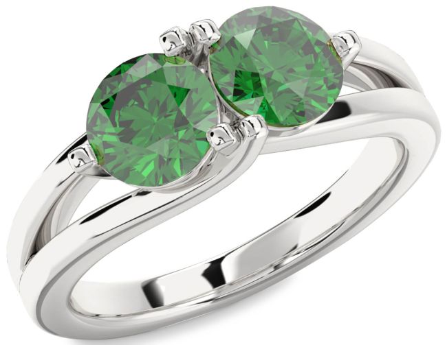 Emerald Silver Round Two Stone Birthstone Ring