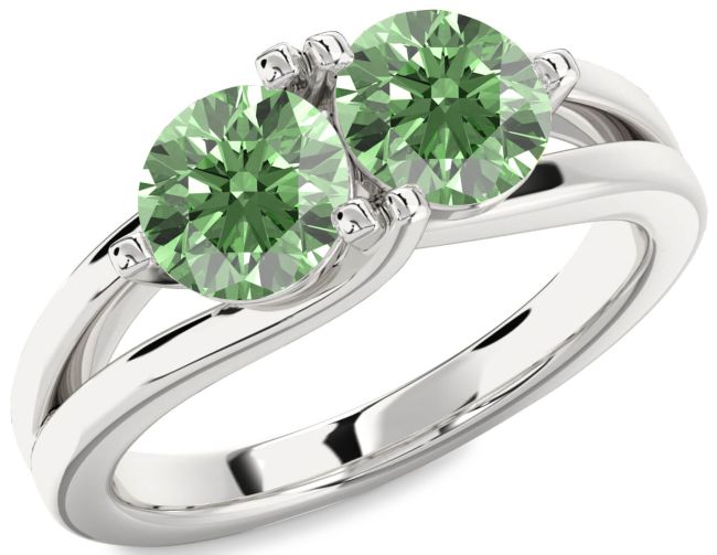 Green Diamond Silver Round Two Stone Ring