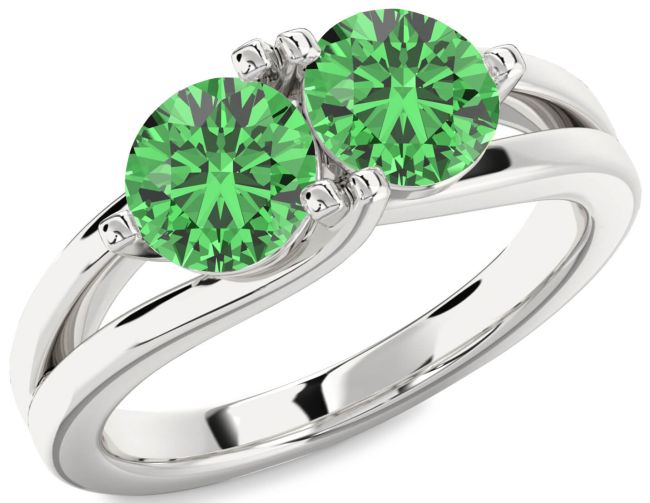 Green Sapphire Silver Round Two Stone Ring