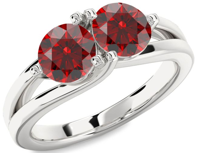 Garnet Silver Round Two Stone Birthstone Ring