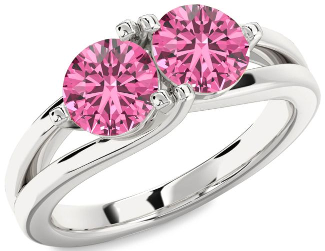 Pink Sapphire Silver Round Two Stone Ring
