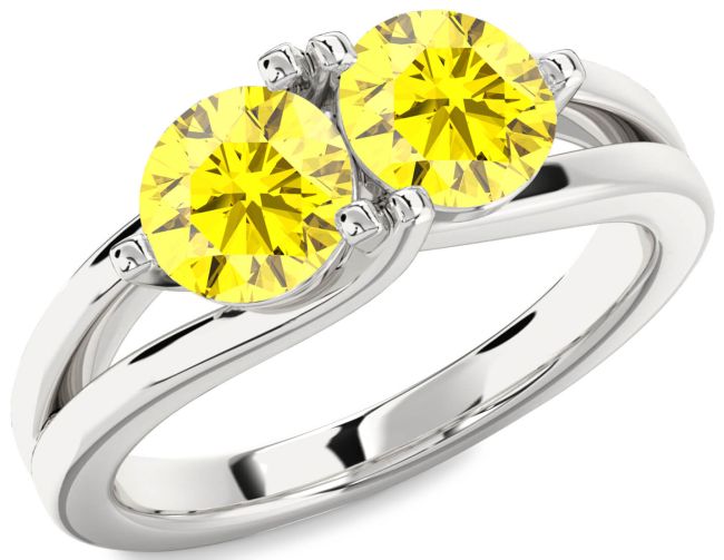 Yellow Sapphire Silver Round Two Stone Ring