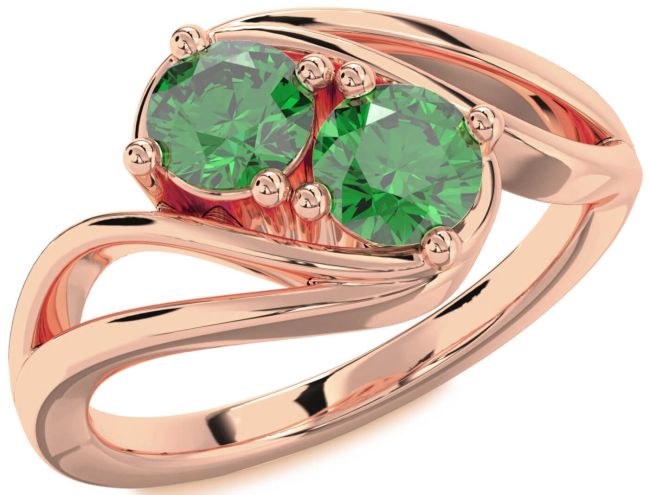 Emerald Rose Gold Silver Round Two Stone Birthstone Ring