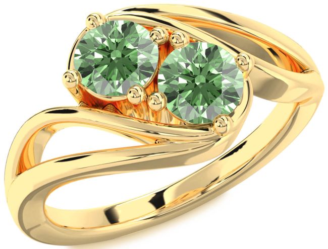 Green Diamond Gold Silver Round Two Stone Ring