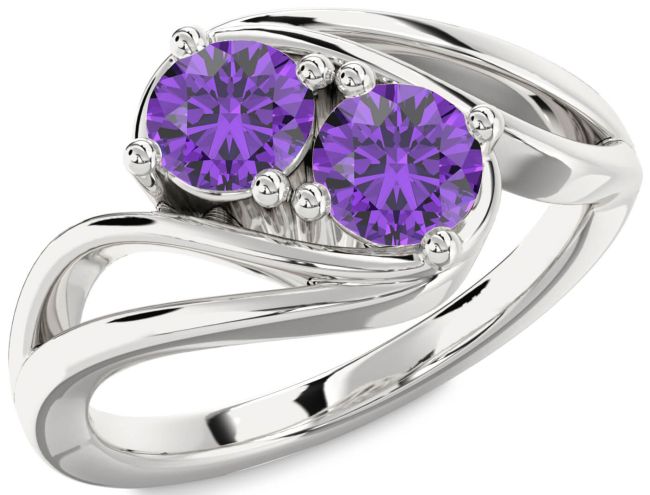 Amethyst Silver Round Two Stone Birthstone Ring