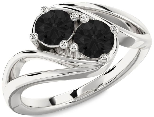 Black Diamond Silver Round Two Stone Ring