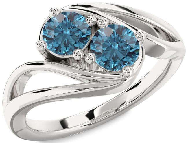 Blue Diamond Silver Round Two Stone Ring