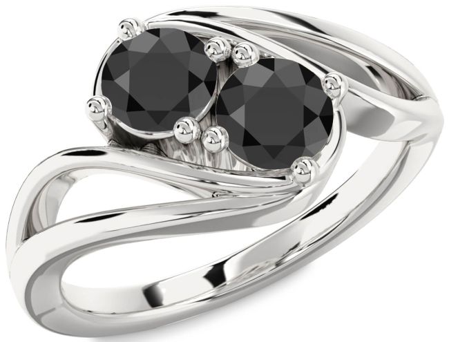 Black Onyx Silver Round Two Stone Ring