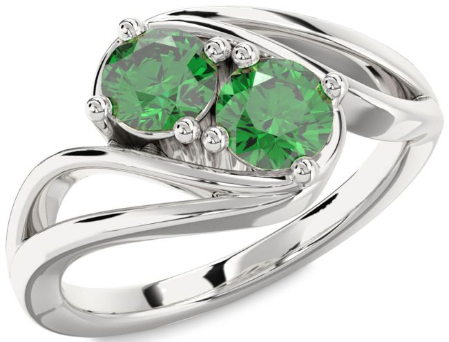 Emerald Silver Round Two Stone Birthstone Ring
