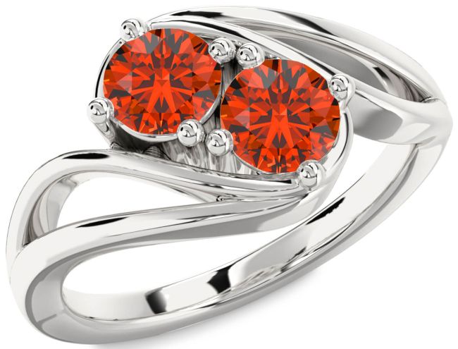 Fire Opal Silver Round Two Stone Ring