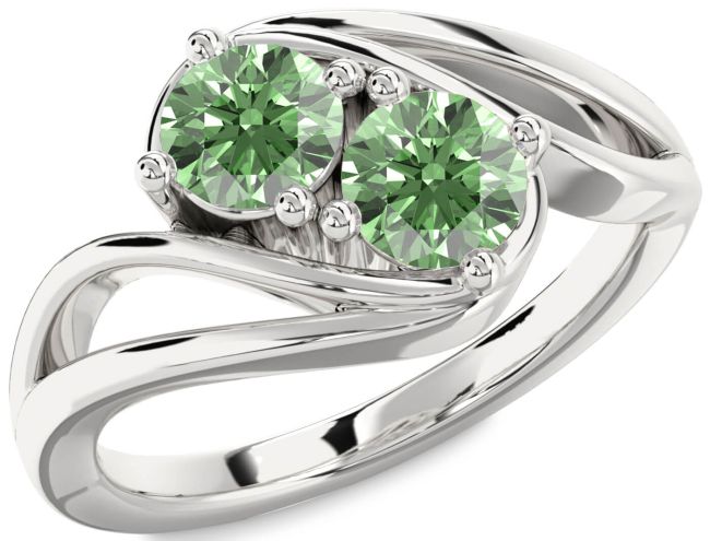 Green Diamond Silver Round Two Stone Ring